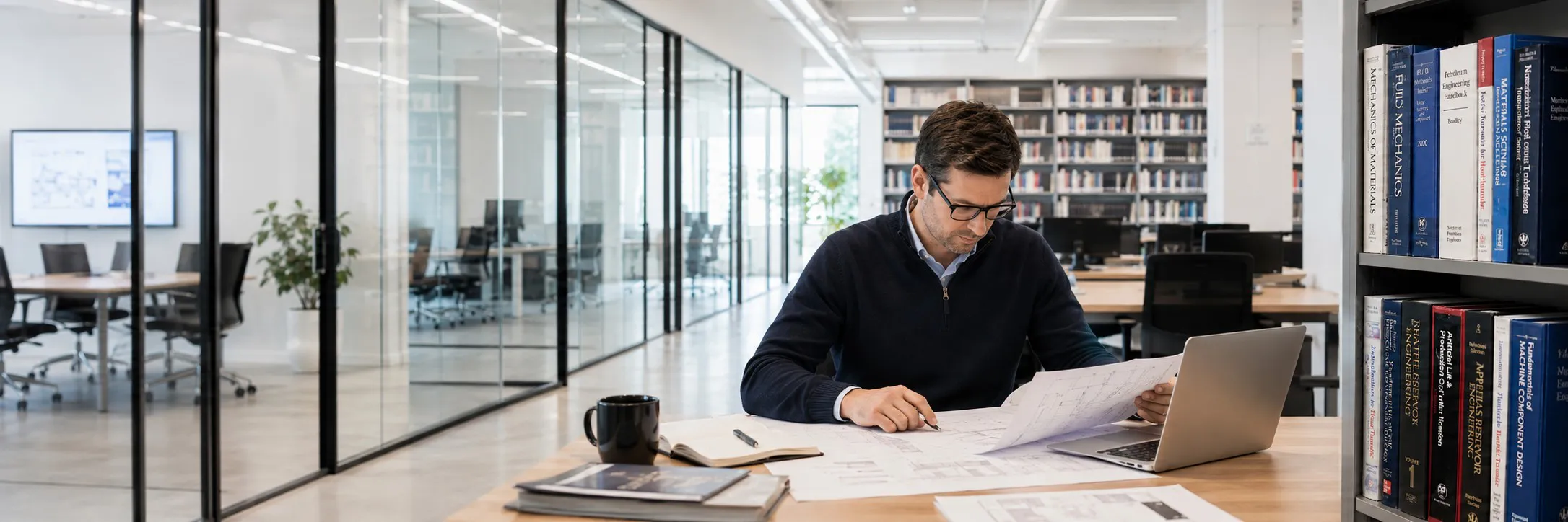 Project engineer reviewing technical drawings in a modern office