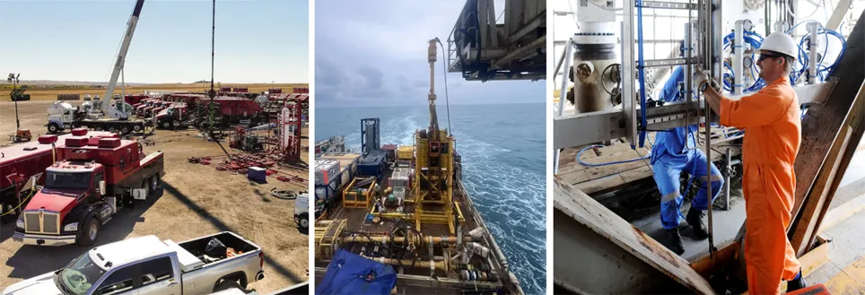 Onshore and offshore oil and gas well intervention operations with workover, vessel and wellhead equipment.